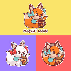 set of cute fox coffee mascot logo with optional appearance. premium kawaii vector
