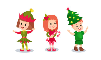 Happy Children Dressed in Christmas Costumes Vector Illustration Set