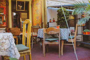 Interior of an old fashioned restaurant.
European restaurant in bright colors.
restaurant interior in vintage style.