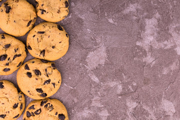
Homemade cookies with chocolate chips on a gray background.
Copy space.
