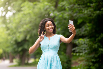 Beautiful African American girl taking selfie or communicating online on cellphone at park