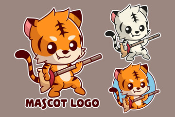 set of cute tiger mascot logo with optional appearance. premium kawaii vector
