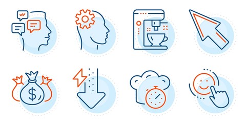 Smile, Messages and Coffee maker signs. Energy drops, Check investment and Engineering line icons set. Mouse cursor, Cooking timer symbols. Power usage, Business report. Technology set. Vector