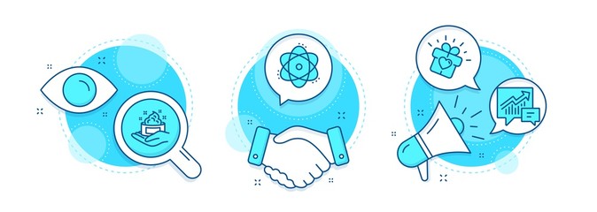 Love gift, Skin care and Atom line icons set. Handshake deal, research and promotion complex icons. Accounting sign. Heart present, Hand cream, Electron. Supply and demand. Vector