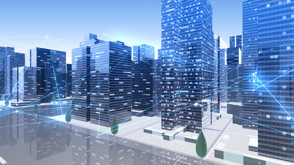 Digital City Network Building Technology Communication Data Business 3D illustration Background