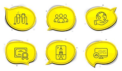 Crane claw machine sign. Diploma certificate, save planet chat bubbles. Chemistry beaker, Group and Report statistics line icons set. Laboratory flask, Group of users, Graph chart. Vector