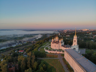 The Dormition Cathedral in Vladimir, Russia. Photographed on drone at dawn. UNESCO world heritage.