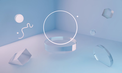 3D neon glass geometric shapes hover in the corner of the room. The podium is good for mockup