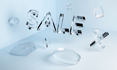 3D transparent glass Sale inscription and geometric shapes in the angle. Concept.