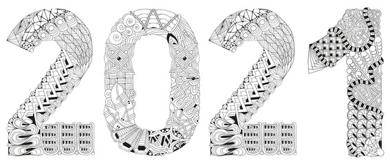 Number 2021 Zentangle. Vector decorative object for coloring