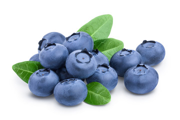fresh blueberry with leaves isolated on white background closeup. Clipping path and full depth of field