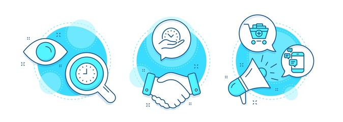 Communication, Clock and Safe time line icons set. Handshake deal, research and promotion complex icons. Add products sign. Smartphone messages, Time or watch, Management. Shopping cart. Vector