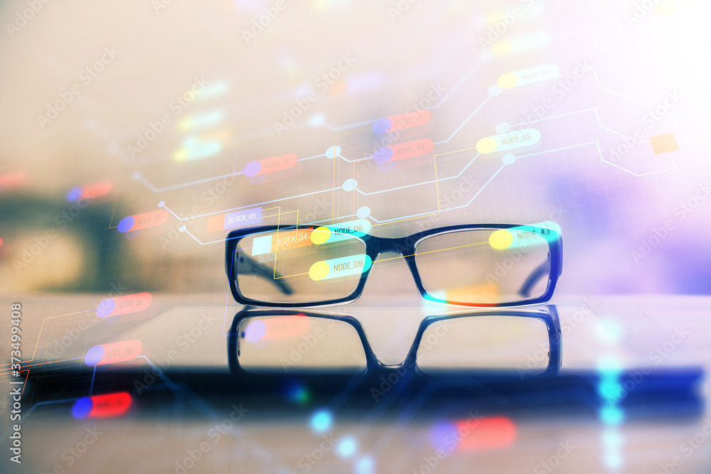 Poster Data tech hologram with glasses on the table background. Concept of technology. Double exposure.