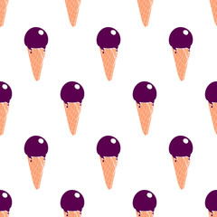Seamless chocolate glaze ice cream pattern. Hand-drawn summer food vector. Doodle ice-cream cone on white background for kitchen, restaurant and food design. EPS 8