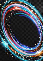 Frame from bright neon multicolored oval rings with glitter, sparkles and flashes on a dark transparent background. Vector