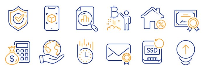 Set of Technology icons, such as Confirmed, Loan house. Certificate, save planet. Fast delivery, Swipe up, Analytics graph. Finance calculator, Recovery ssd, Bitcoin project. Vector