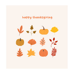 Autumn mood greeting card with cute leaves, pumpkins poster template. Welcome fall season happy thanksgiving invitation. Minimalist postcard nature. Vector illustration in flat cartoon style