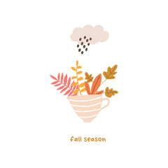 Autumn mood greeting card with cute cup, leaves, rainy cloud poster template. Welcome fall season thanksgiving invitation. Minimalist postcard nature. Vector illustration in flat cartoon style