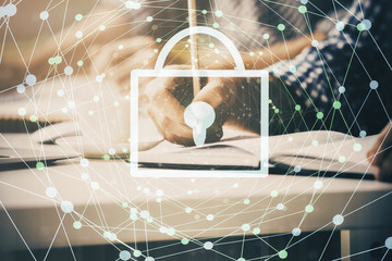 Human hands writing. With double exposure drawings.