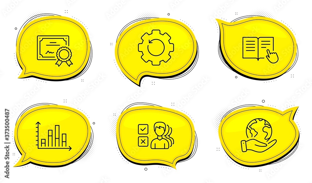 Poster opinion sign. diploma certificate, save planet chat bubbles. read instruction, diagram graph and rec