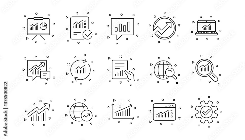Poster reports, charts and graphs. analytics line icons. data statistics linear icon set. geometric element