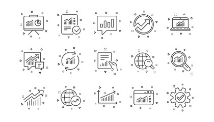 Reports, Charts and Graphs. Analytics line icons. Data statistics linear icon set. Geometric elements. Quality signs set. Vector