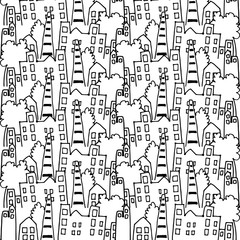 Seamless city sketch pattern background. Black and white doodle art, cartoon style. Hand drawn vector. Modern scribble for kids, wallpaper, wrapping paper and gift. Simple sketch, drawn with pen. 