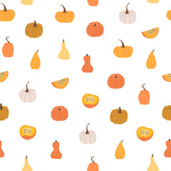 Autumn mood seamless pattern with cute pumpkins. Welcome fall season thanksgiving background. Minimalist nature pattern for fabric textile, packaging. Vector illustration in flat cartoon style