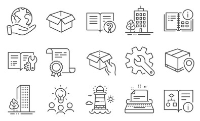 Set of Industrial icons such as Hold box, Lighthouse, Typewriter. Diploma, ideas, save planet. Help, Engineering documentation, Technical algorithm. Vector