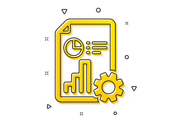 Column graph, pie chart sign. Report icon. Market analytics symbol. Yellow circles pattern. Classic report icon. Geometric elements. Vector