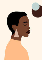 Modern young african american black woman portrait. Fashion minimal trendy female face with dark skin. Trendy minimal poster print. Vector hand drawn illustration