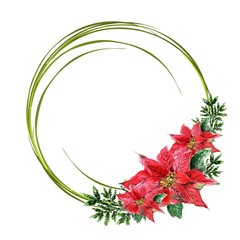 Сhristmas wreath with Red poinsettia and green branches. Watercolor hand drawing illustration, Nature design greeting card template.