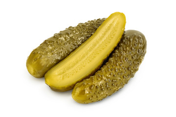 Marinated pickled cucumber isolated on white background with clipping path and full depth of field