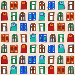 Fototapeta premium Seamless vintage doors pattern vector with hand drawn. Colorful doodle art. Seamless pattern background for kids, wallpaper, fabric, wrapping paper and gift. Cartoon style. Simple sketching with pen. 