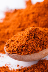 aromatic spicy chili powder on a white background