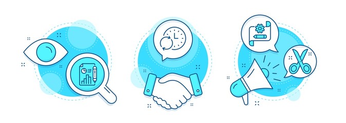 Cogwheel blueprint, Report document and Update time line icons set. Handshake deal, research and promotion complex icons. Scissors sign. Edit settings, Growth chart, Refresh clock. Vector