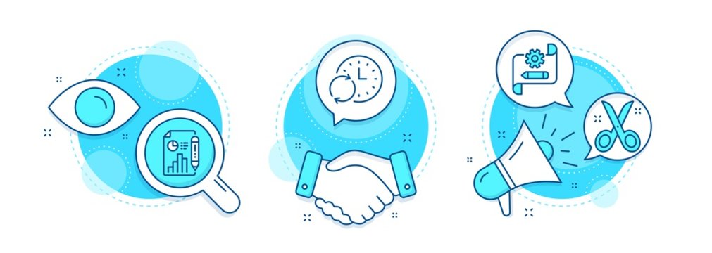 Cogwheel blueprint, Report document and Update time line icons set. Handshake deal, research and promotion complex icons. Scissors sign. Edit settings, Growth chart, Refresh clock. Vector