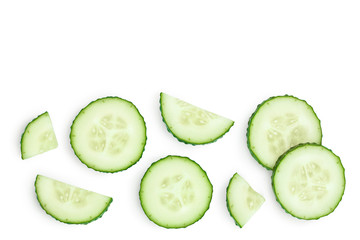Sliced cucumber isolated on white background with clipping path and full depth of field, Top view with copy space for your text. Flat lay