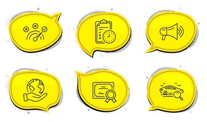 Exam time sign. Diploma certificate, save planet chat bubbles. Correct answer, Search car and Megaphone line icons set. Speed symbol, Find transport, Advertisement. Checklist. Technology set. Vector