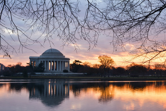 Jefferson Memorial and  Washington Monument during sunset - Washington D.C. United States of America
