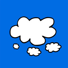Hand drawn of clouds vector. Doodle art white clouds and blue background. Simple sketch, drawn with pen. Modern scribble for kids, sticker, wallpaper, print, clipart. Cartoon style. Colorful doodle. 