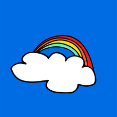 Hand drawn of rainbow and white cloud in the sky. Simple sketch, drawn with pen isolated on blue background. Cartoon style. Modern scribble for kids, learning, sticker, clipart. Colorful doodle art. 