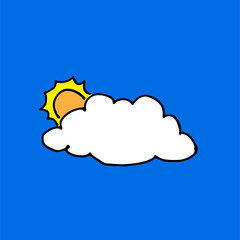 Hand drawn of rainbow and white cloud in the sky. Simple sketch, drawn with pen isolated on blue background. Cartoon style. Modern scribble for kids, learning, sticker, clipart. Colorful doodle art. 