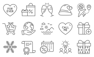 Set of Holidays icons, such as Calendar discounts, For ever. Diploma, ideas, save planet. Flight sale, Gift box, Champagne glasses. Santa hat, Sea mountains, Shopping. Vector