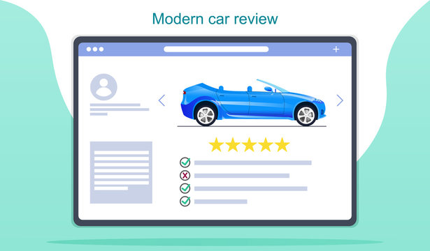 Online modern car review on digital device showing a five star rating, colored vector illustration. Customer feedback concept. Vehicle rental shop rank or test drive auto access modern flat design