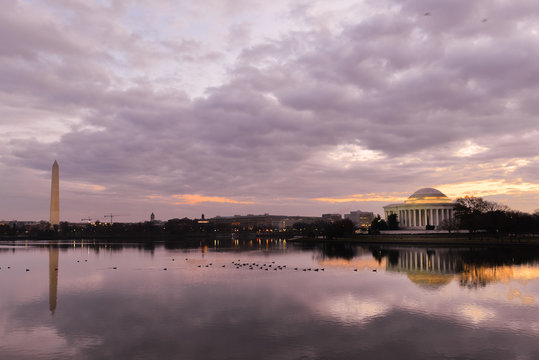 Jefferson Memorial and  Washington Monument during sunset - Washington D.C. United States of America