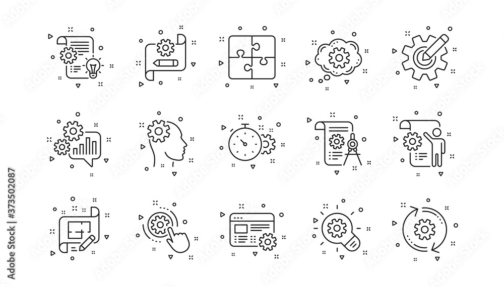 Aufkleber puzzle, dividers tool and architect plan. engineering line icons. engineer linear icon set. geometri
