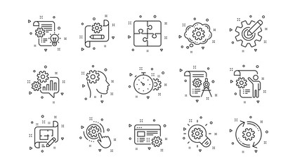 Puzzle, Dividers tool and Architect plan. Engineering line icons. Engineer linear icon set. Geometric elements. Quality signs set. Vector