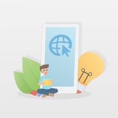 E-learning, online education, students reading book, looking for more ideas and knowledge from online internet media,Smartphones, light bulbs,Vector illustration.