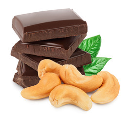 chocolate with Cashew nuts isolated on white background with clipping path and full depth of field.